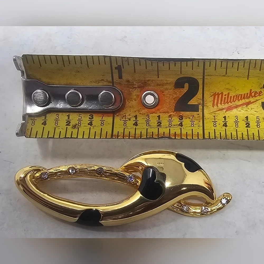 Gold Tone Black Enamel Heart Inlay Brooch With Rhinestones 2-1/4